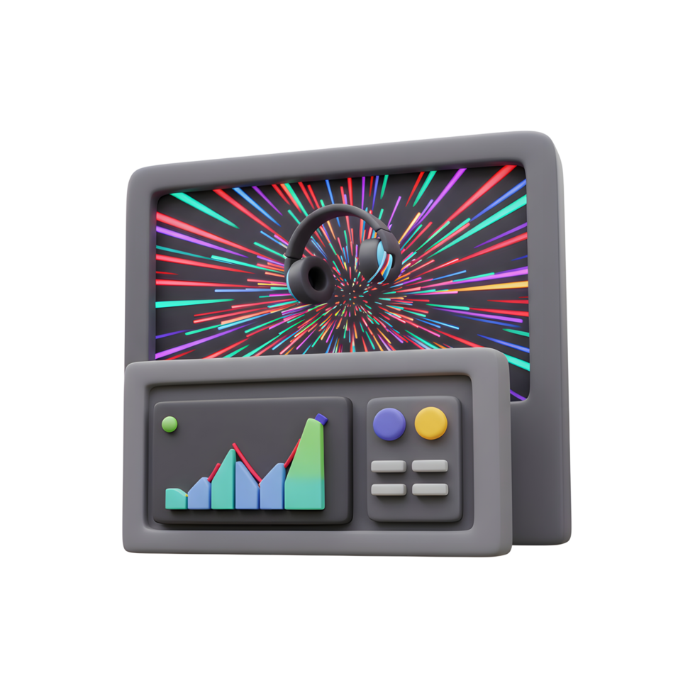 A monitor displays a vibrant pattern and a headphone, accompanied by a panel showcasing a graph, suggesting its use for audio visual analysis. png