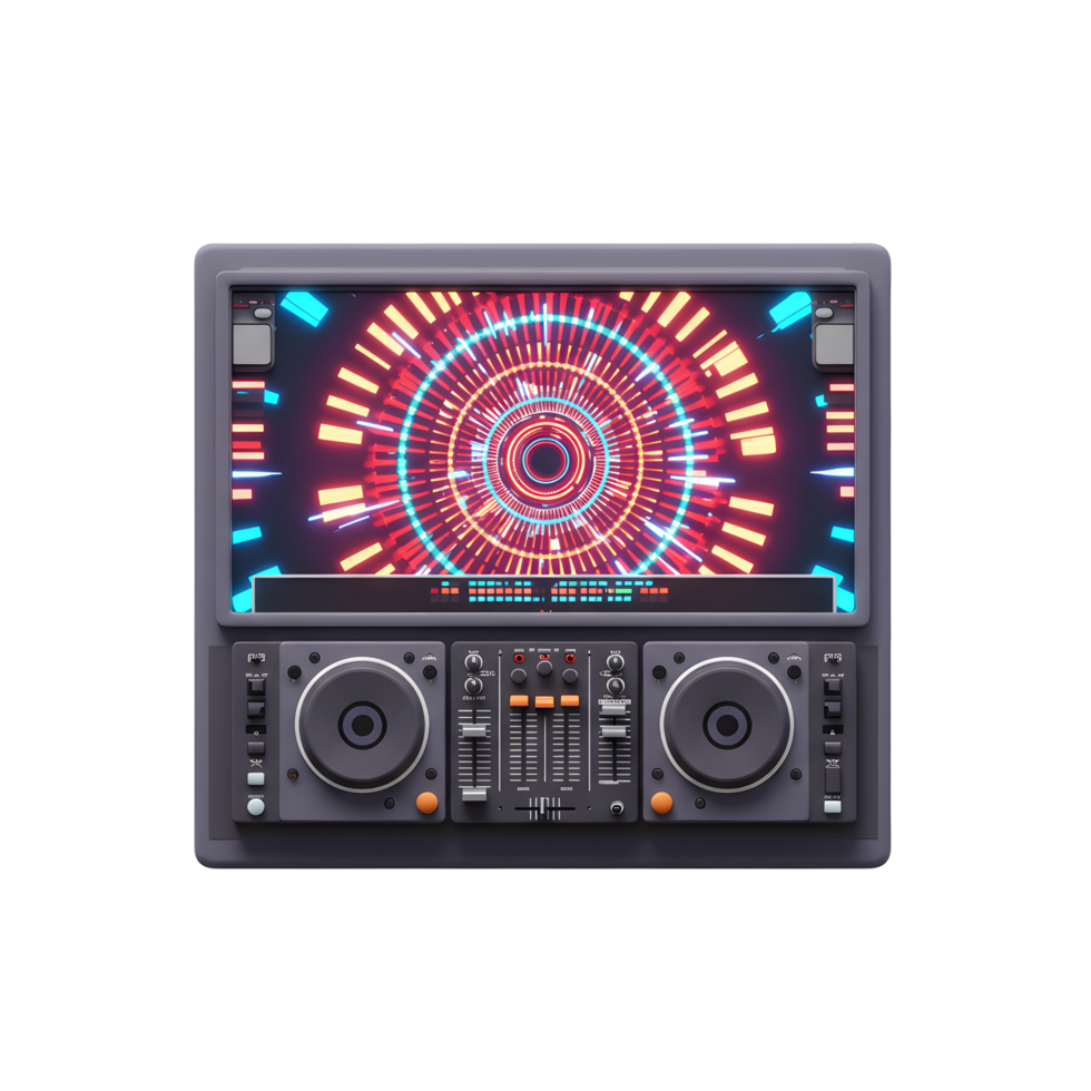 This illustration features a DJ mixer with a screen showing a circular light pattern, perfect for digital music production or entertainment projects. png