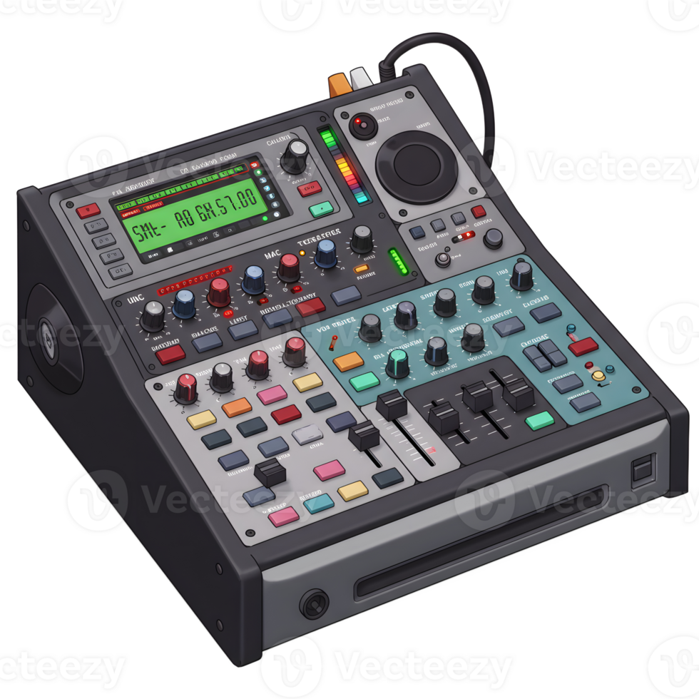 An audio mixer with various knobs, buttons, and faders is displayed, likely used for sound engineering. png