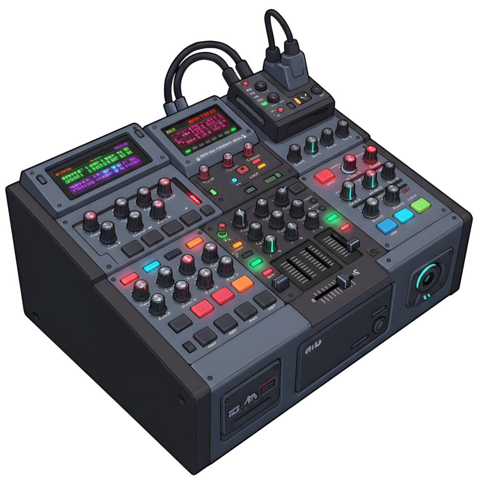 This audio mixer has knobs, sliders, and screens, creating a complex interface for mixing sound in a digital studio. png
