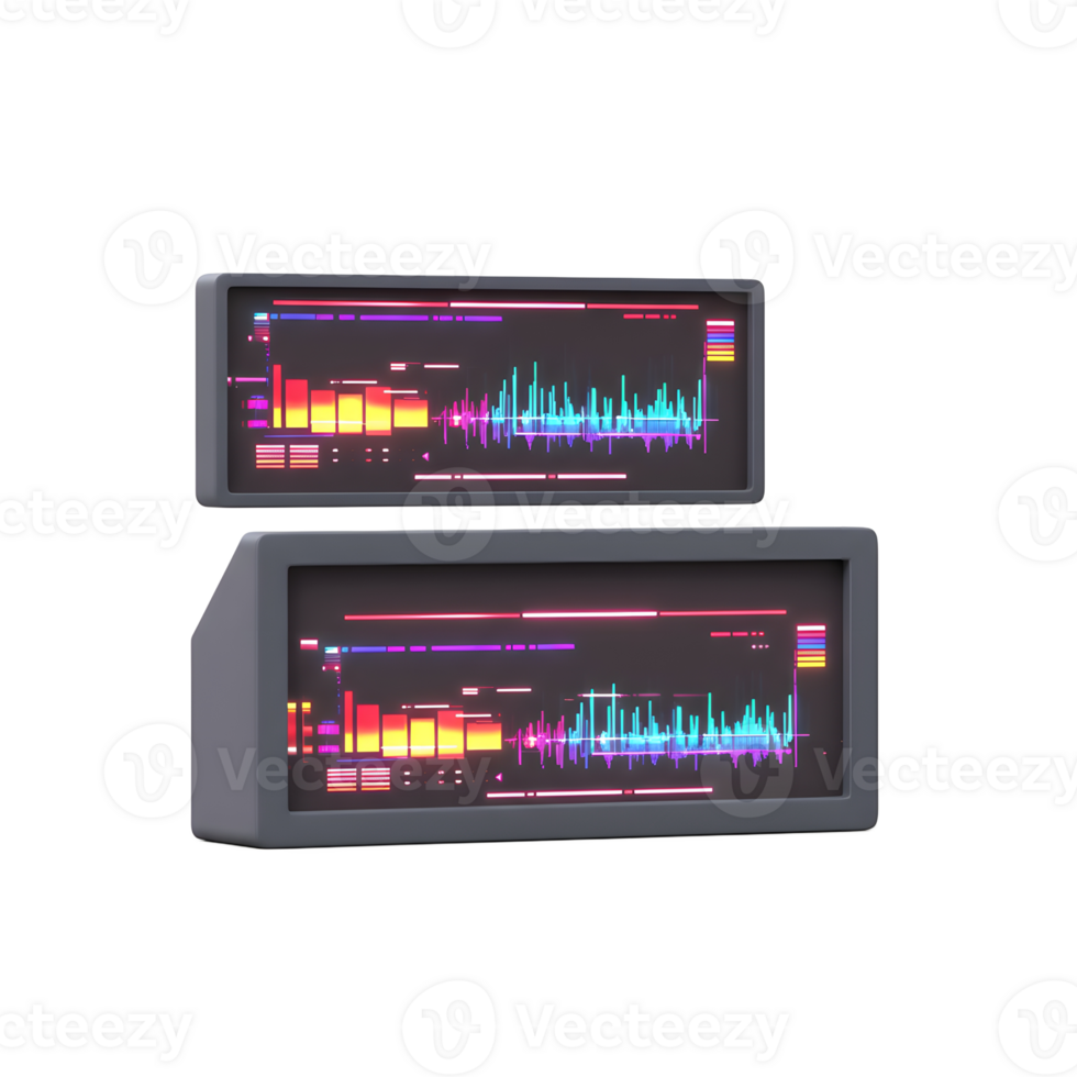 Two gray displays show colorful waveform data, probably used for analyzing audio. png