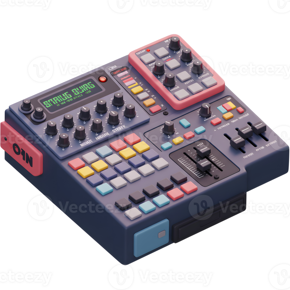 A blue soundboard with knobs, buttons and a display panel rests on a white background for music production. png