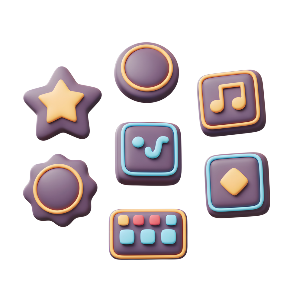 A collection of seven colorful 3D icons with different shapes and symbols for diverse use. png