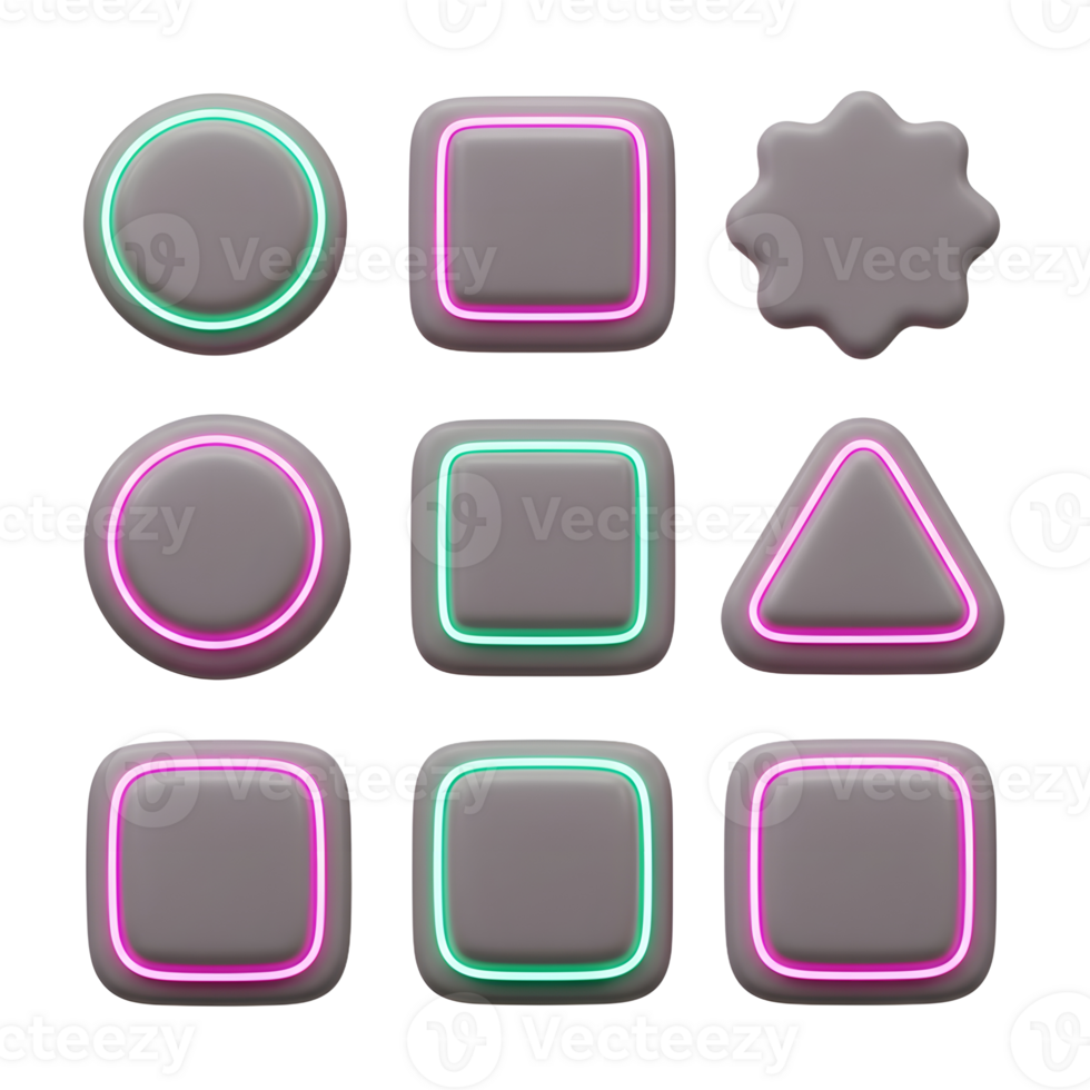 A set of geometric buttons with glowing neon edges in different shapes are arranged on a white background for use in user interfaces. png