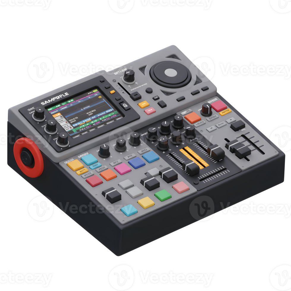 This is a digital audio sampler with buttons and knobs for producing electronic music or mixing tracks, often used in music production or live DJ sets. png