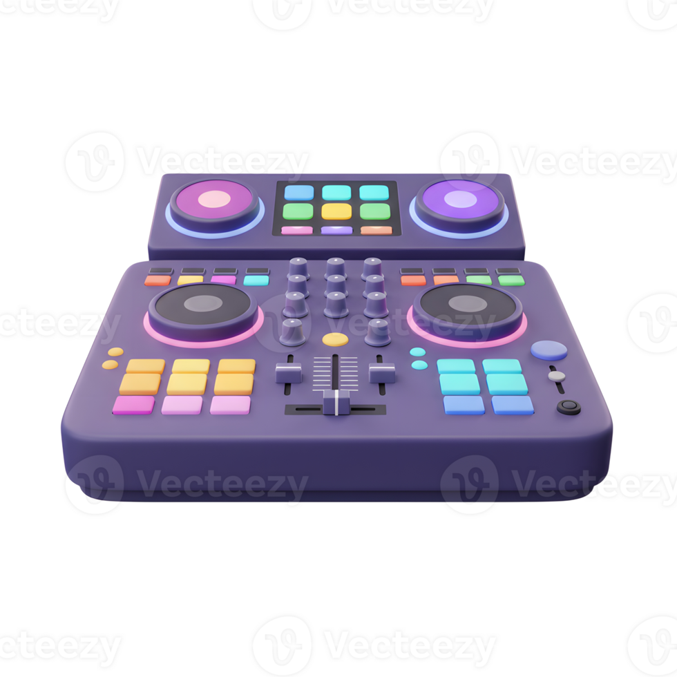 A purple DJ controller with colorful buttons and knobs sits on a white background, designed for music mixing and live performances. png