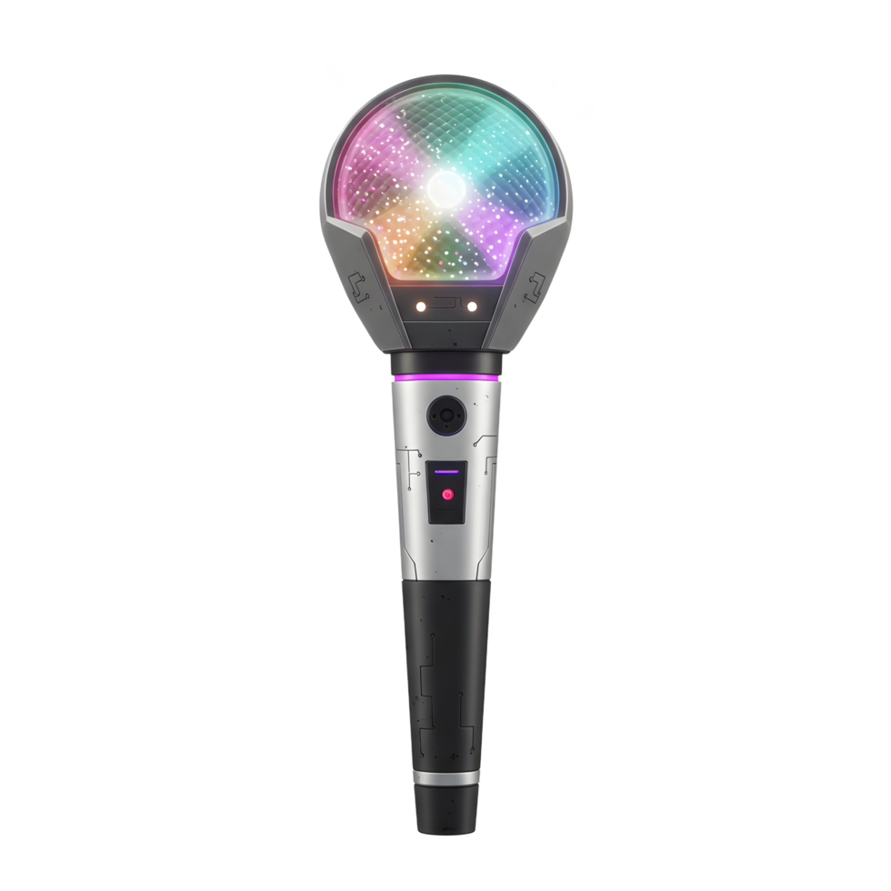 This image showcases a silver and black light stick with a glowing multicolor orb surrounded by light rays, perfect for concert events. png