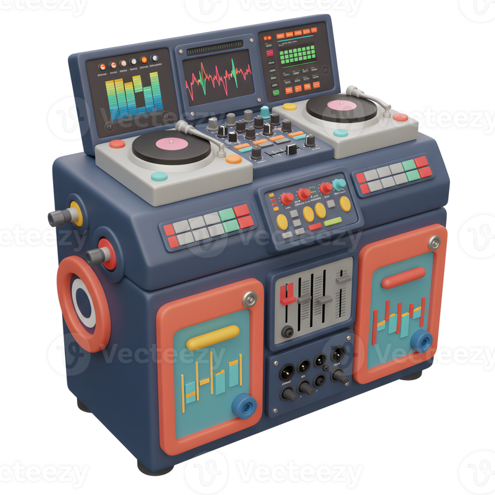 A cartoon-style DJ mixer features turntables, displays, knobs, and sliders for creating fun music mixes. png