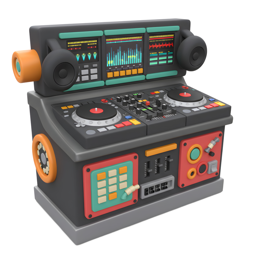 This is a 3D render of a cartoon DJ mixer with turntable, controls, headphone, and equalizer screen, ideal for creating stylized media content. png