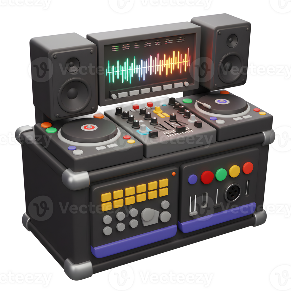 This is a 3D rendering of a DJ equipment setup with a mixer, turntable, speaker, and a display screen, likely for music creation or entertainment. png