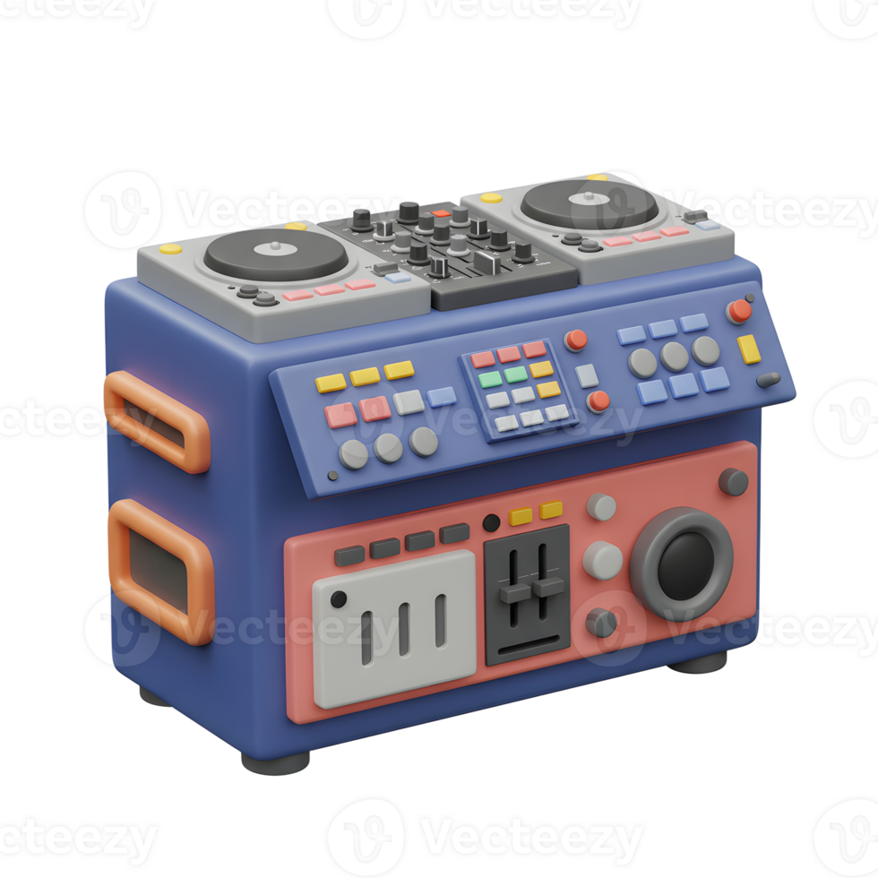 A cartoon style DJ mixer with turntables and many colorful buttons sits on a surface, ideal for music production. png