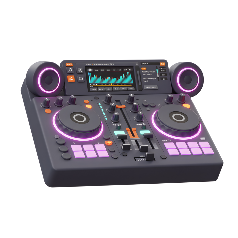 A digital DJ mixer with two speakers and glowing pink lights is used for creating music. png