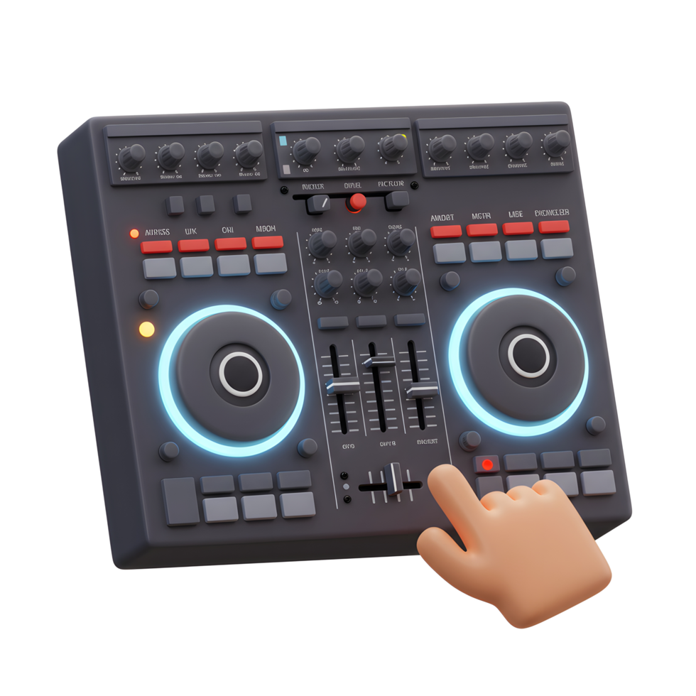 A 3D rendering shows a hand touching a button on a DJ controller, hinting at music creation and performance. png