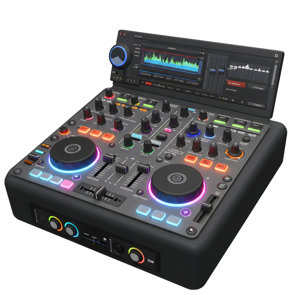 This is a modern black DJ controller with a built-in display and an array of colorful illuminated buttons and knobs, suitable for digital music production and mixing. png