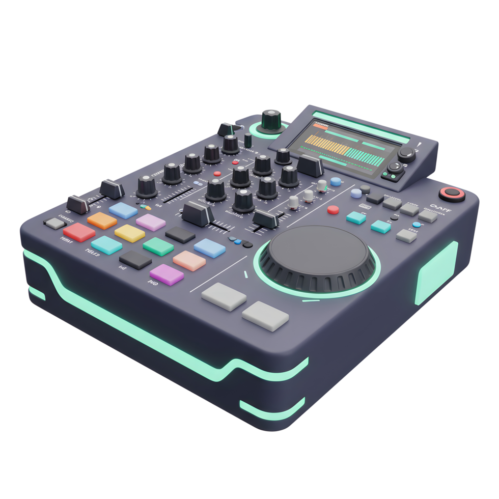 An audio mixer with screen, multiple buttons, knobs and faders is shown for mixing music. png