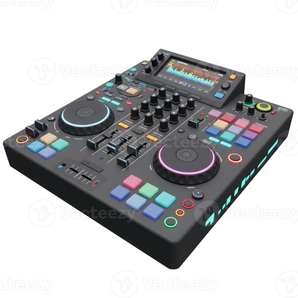 An electronic black DJ controller with colorful buttons, lights, knobs, and screen is used for mixing music. png