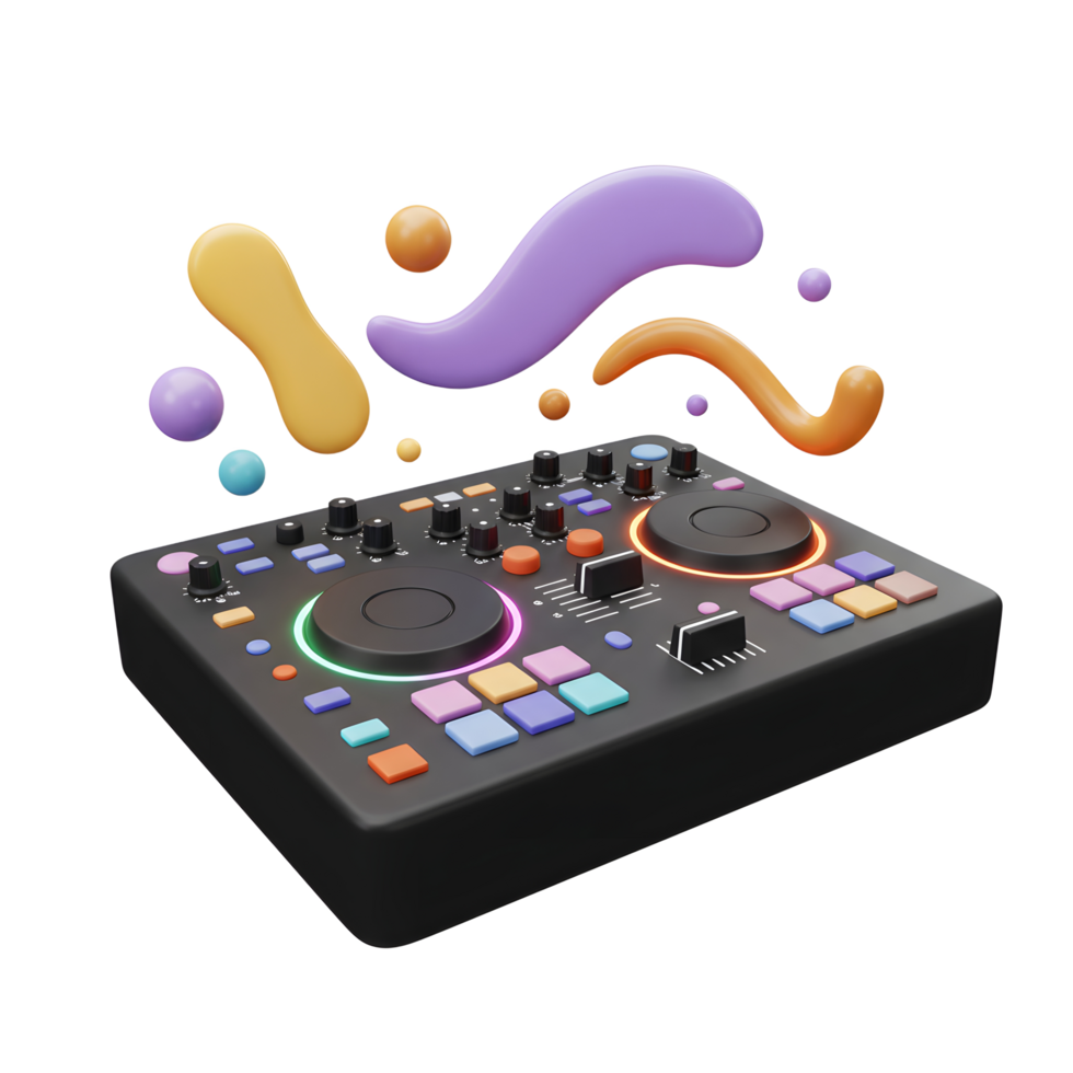 A black DJ mixer is surrounded by colorful rounded shapes, perfect for mixing music. png