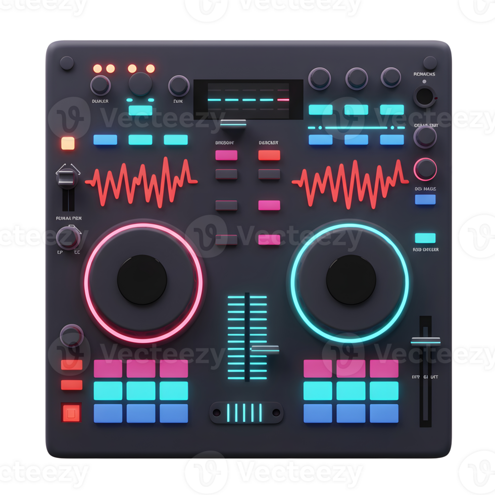 This image shows a modern DJ mixer interface with various knobs, buttons and sliders, perfect for music production and live performances. png