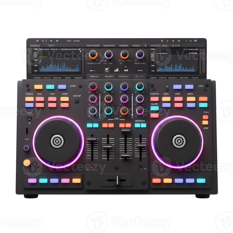 A black DJ controller with a screen, knobs, sliders, buttons, and glowing ring is displayed for music mixing. png