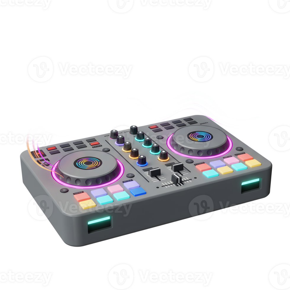 Gray DJ controller with buttons, knobs, sliders and sound waves for creating music. png