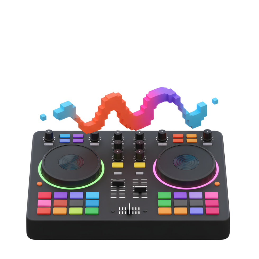 A black dj mixer with various buttons and knobs has a pixelated wave hovering above it, suggesting use for music mixing or creating sound effects. png