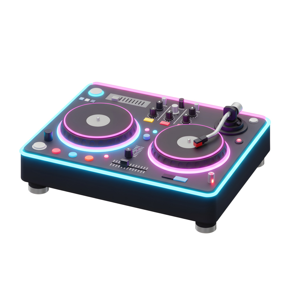 A black DJ deck featuring two turntables, various buttons, and vibrant neon lights creates a modern and electrifying atmosphere for music mixing. png