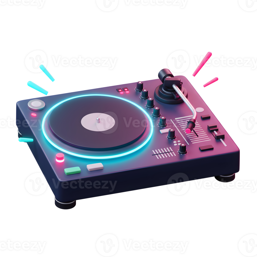 This cool turntable features a neon ring around the record and can be used for spinning music. png