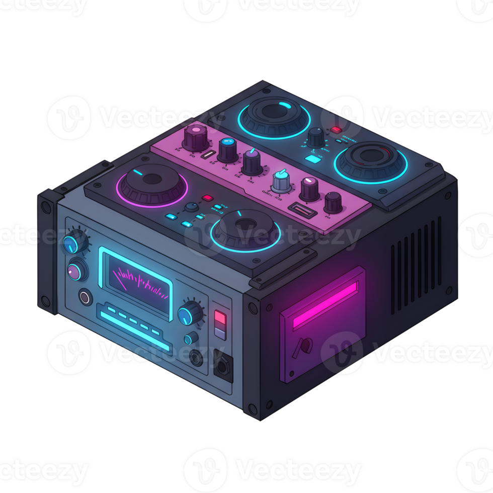 Neon lit DJ mixer features various knobs, buttons and a display screen used for music mixing. png