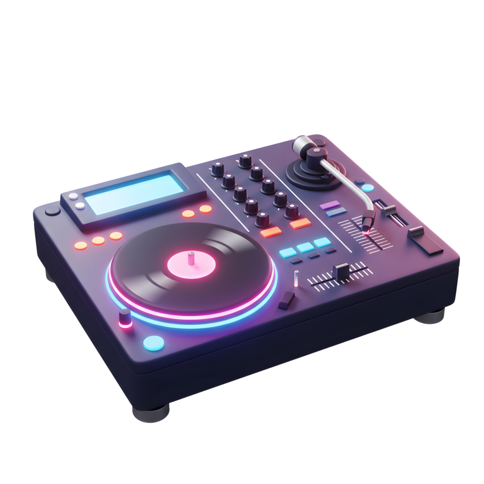 A sleek, black DJ mixer glows with neon lights, complete with a screen, knobs, and vinyl record, showcasing modern music production. png