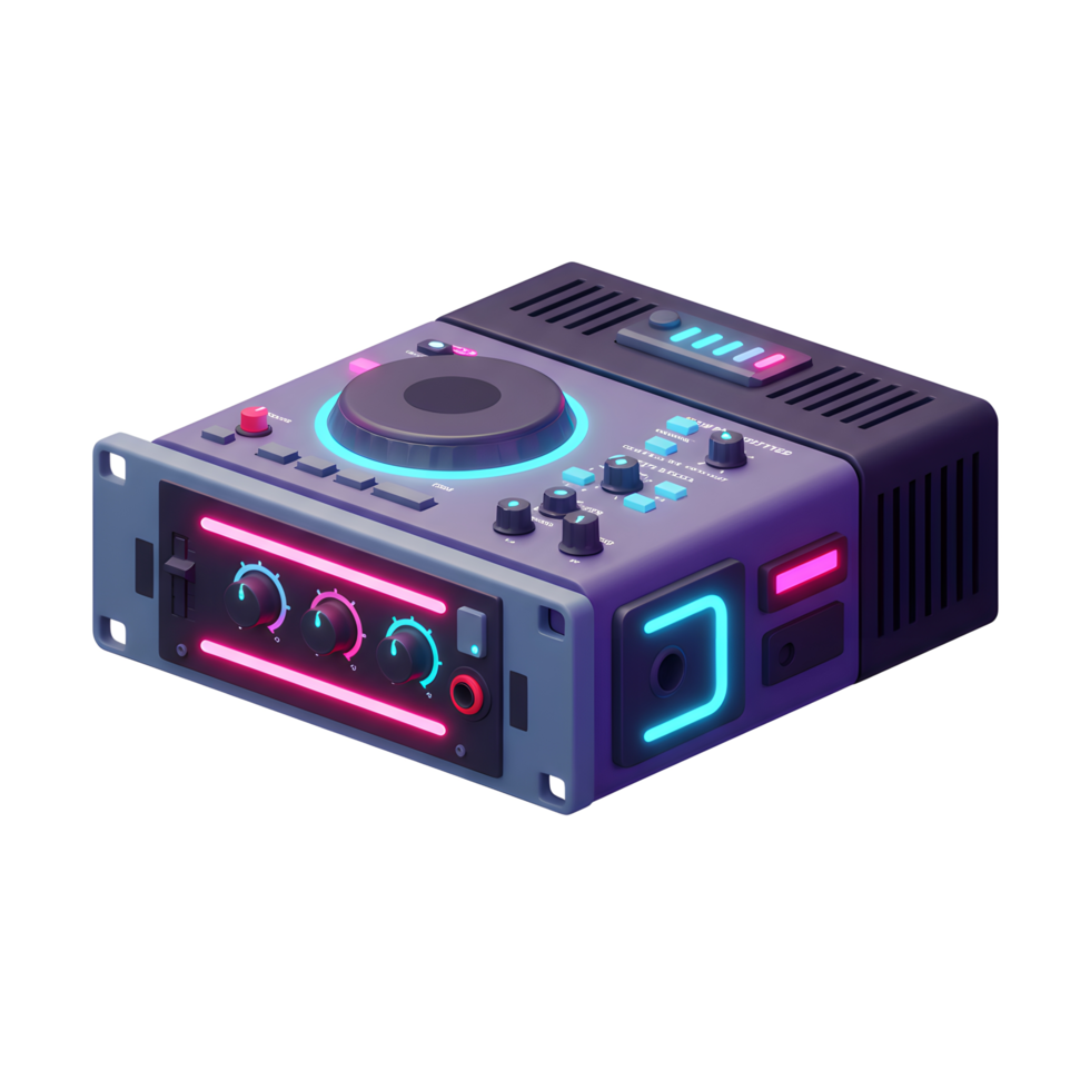 A futuristic looking synthesizer features neon lights and multiple knobs for creating electronic music. png