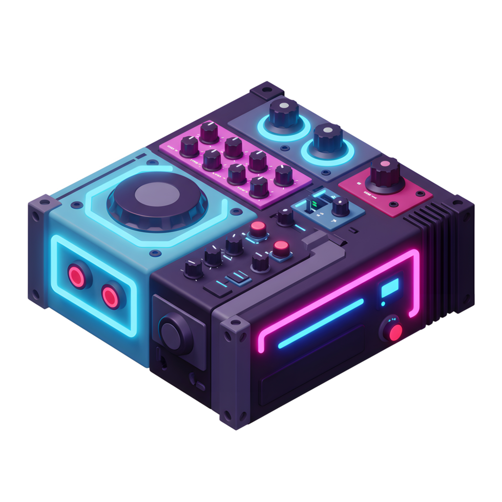 Isometric synthesizer featuring a variety of knobs, buttons, and neon lights with a retro-futuristic aesthetic, perfect for music production. png
