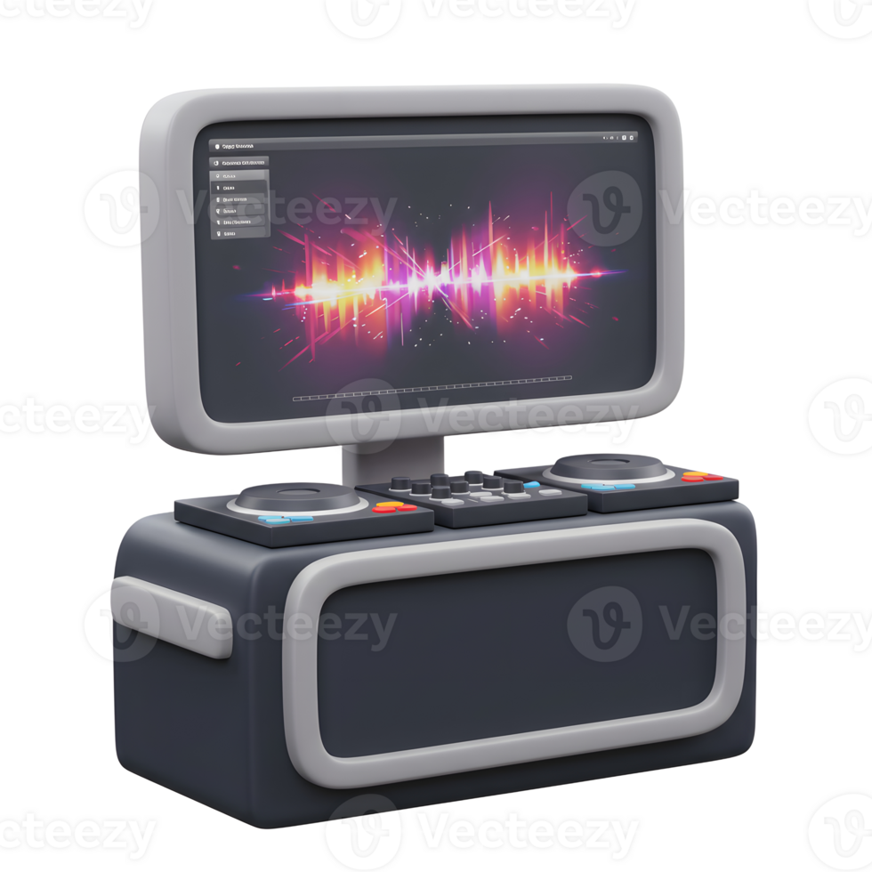 A stylized music production workstation displays a colorful digital audio waveform on its screen, suitable for mixing and editing sound. png