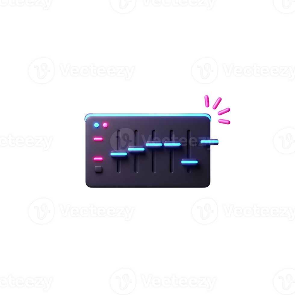 An illustration of an audio mixer features neon lighting, creating a modern and stylish effect, used for audio production. png