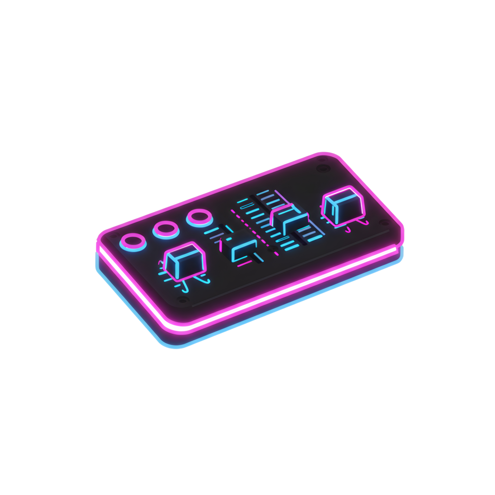 This black mixer features buttons, switches, and a slider with glowing neon pink and blue accents, useful for electronic music. png
