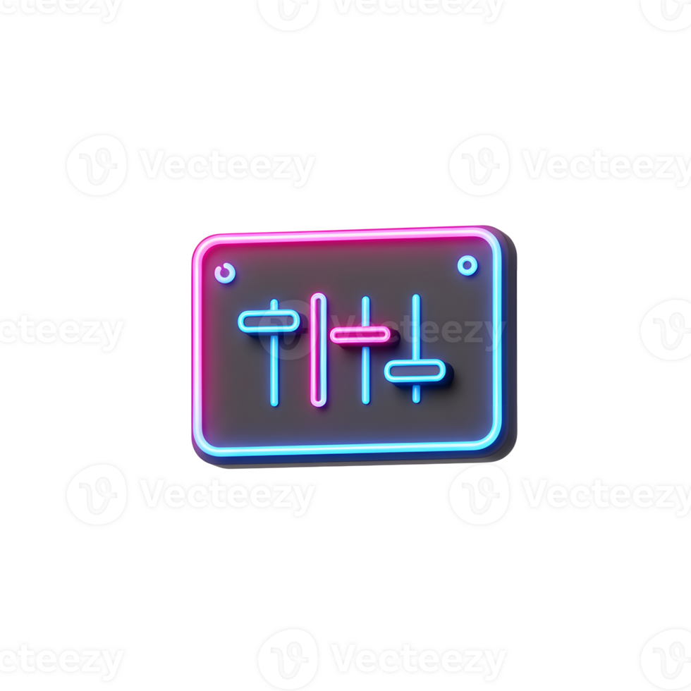 A neon equalizer board features glowing blue and pink sliders, presenting a modern and vibrant design for audio or visual projects. png