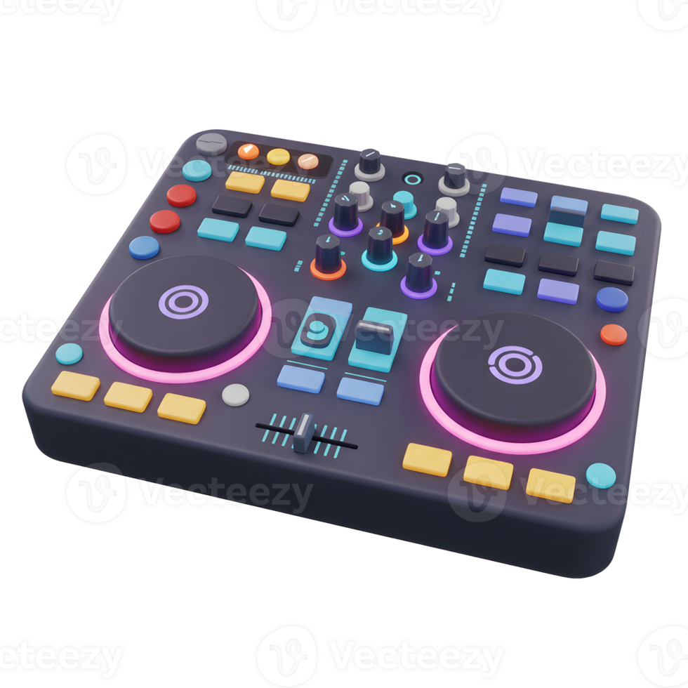 A dark DJ mixer with two turntables, colorful buttons, knobs, and sliders enables music creation and performance. png