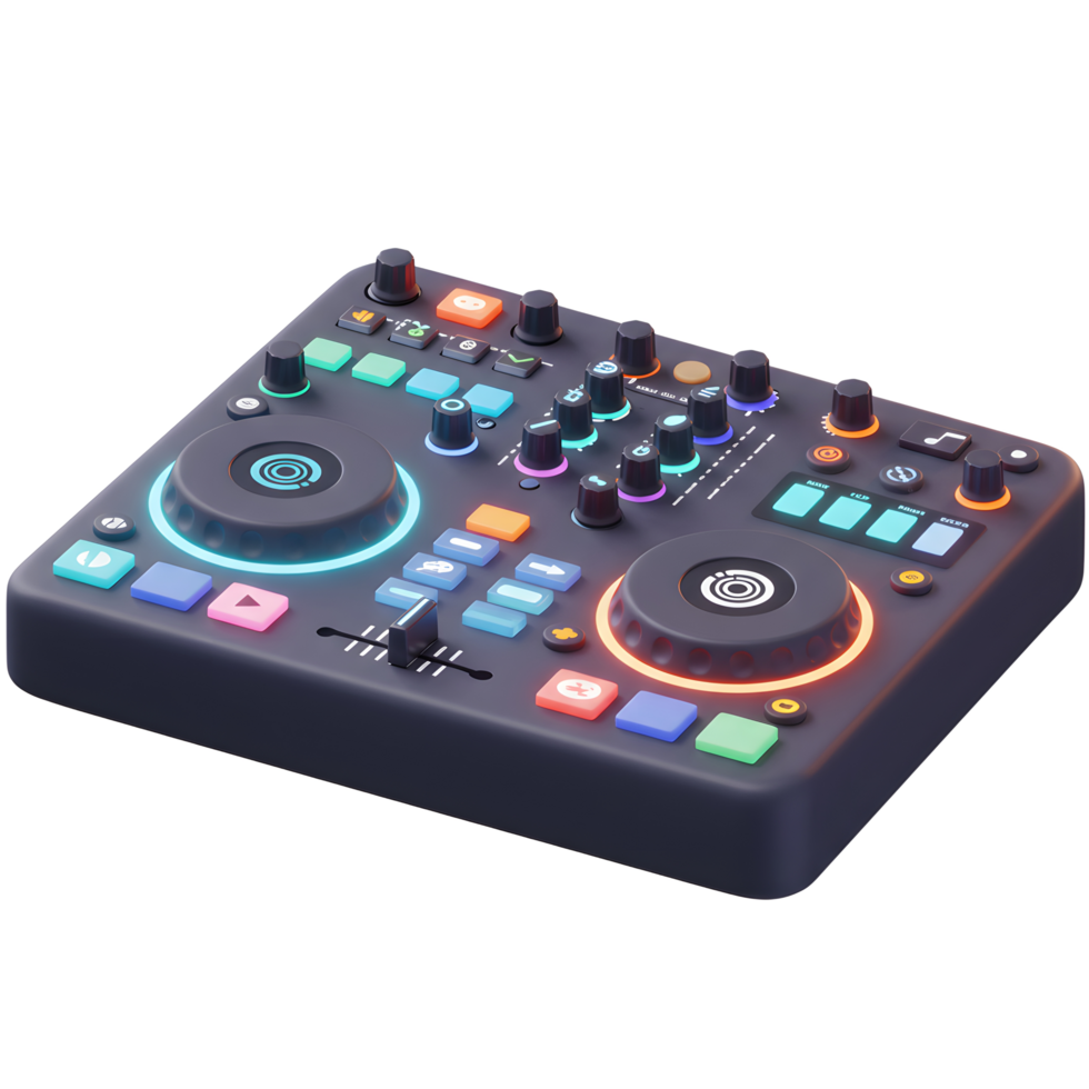 This DJ controller features multiple knobs, pads, and faders, allowing for precise manipulation of audio signals and the creation of unique soundscapes for music performance. png