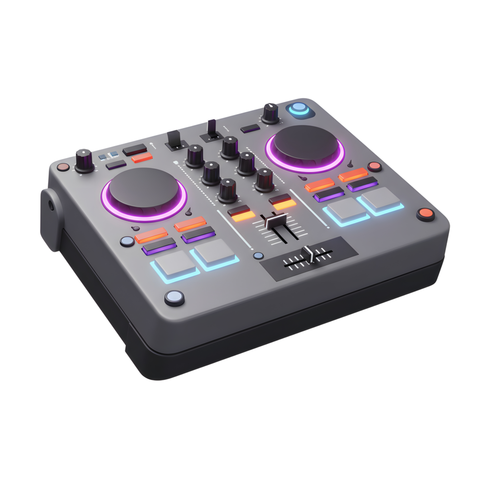 A grey DJ controller with multiple knobs, buttons, and a slider is presented, indicating it's designed for mixing music. png