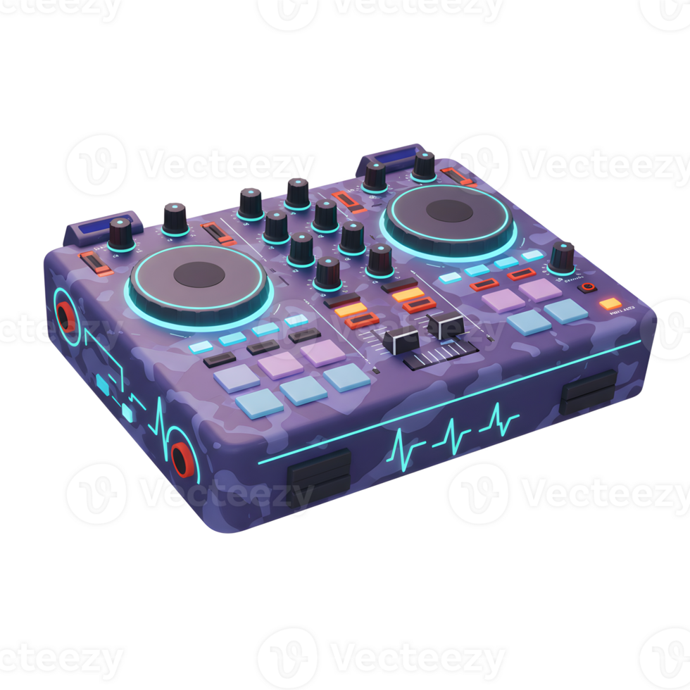 A purple and blue DJ controller is shown with knobs, buttons, and turntables to create music production. png