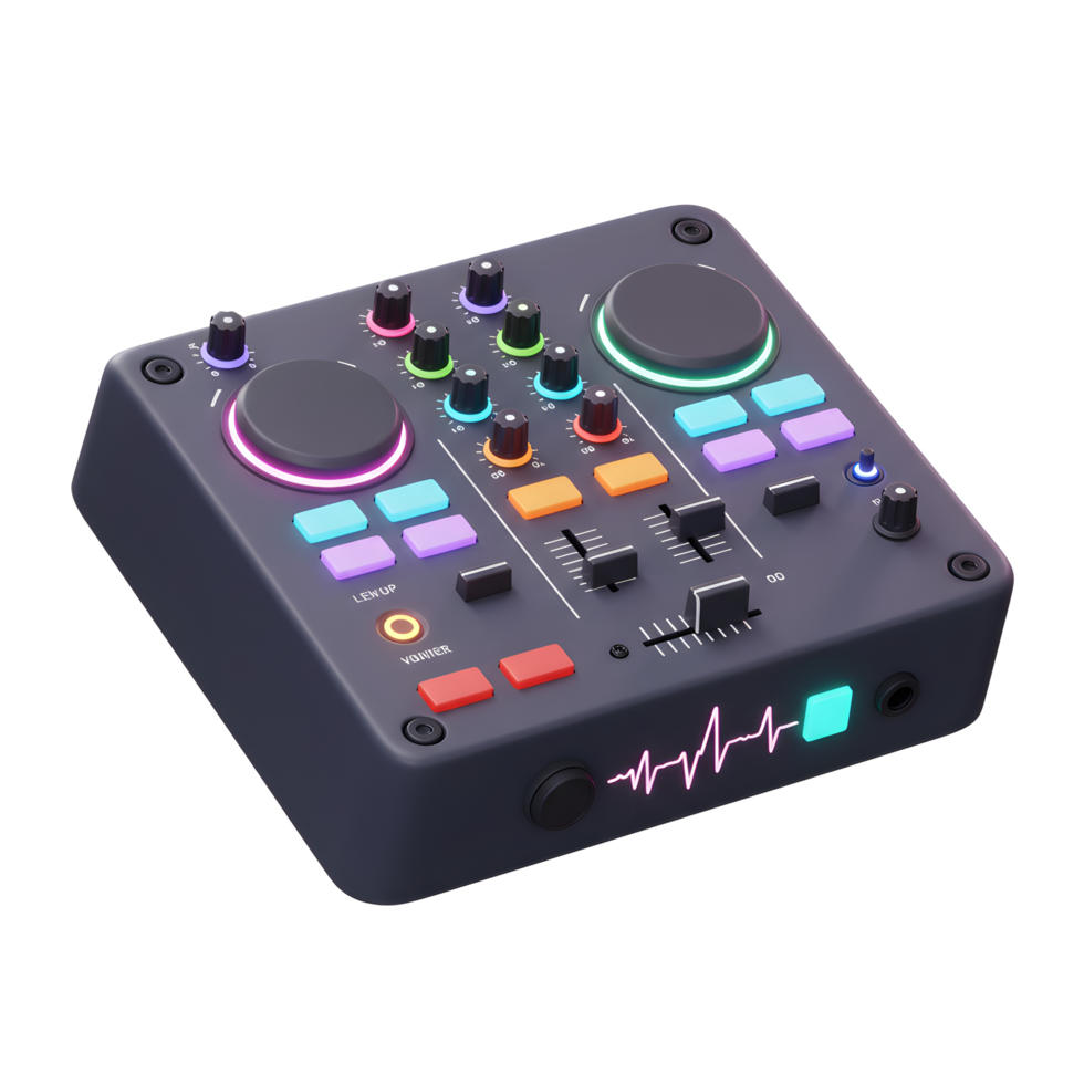 A sleek DJ mixer features various colorful buttons and knobs for creating music, providing a modern and intuitive way to mix tracks. png
