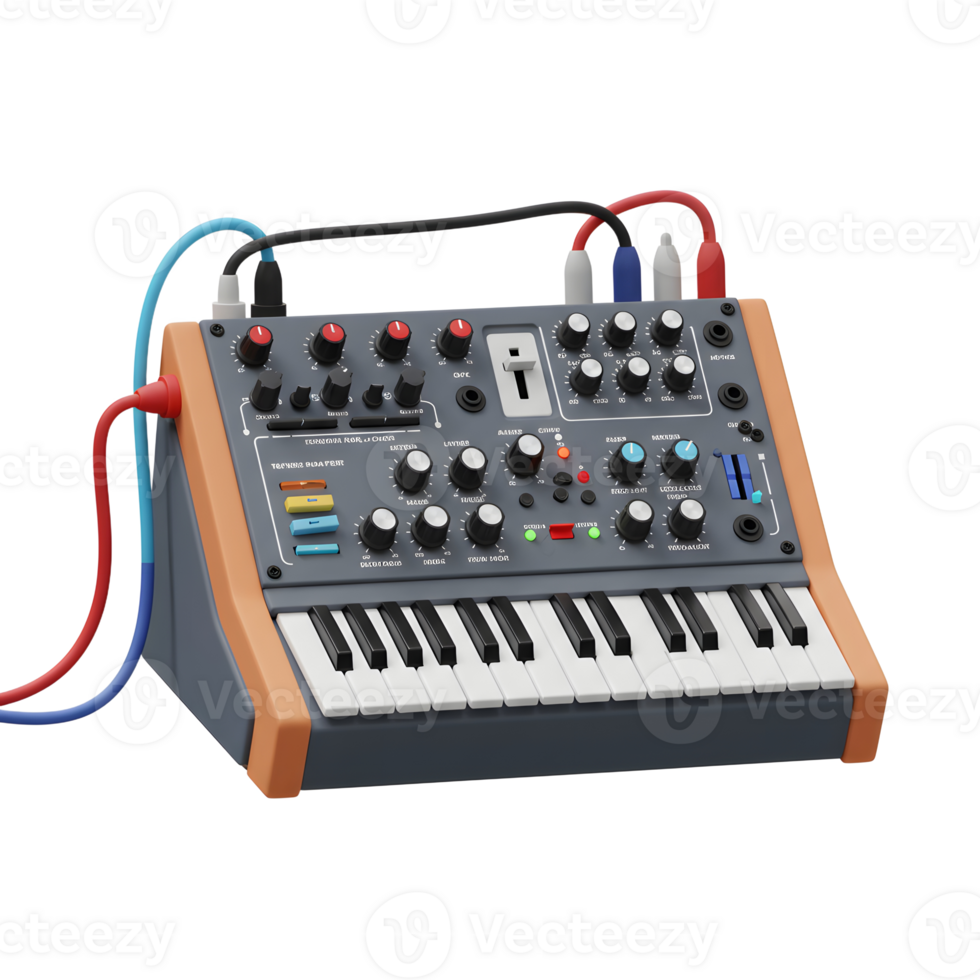 A synthesizer with a keyboard and multiple cables connected to it provides a versatile tool for music production. png