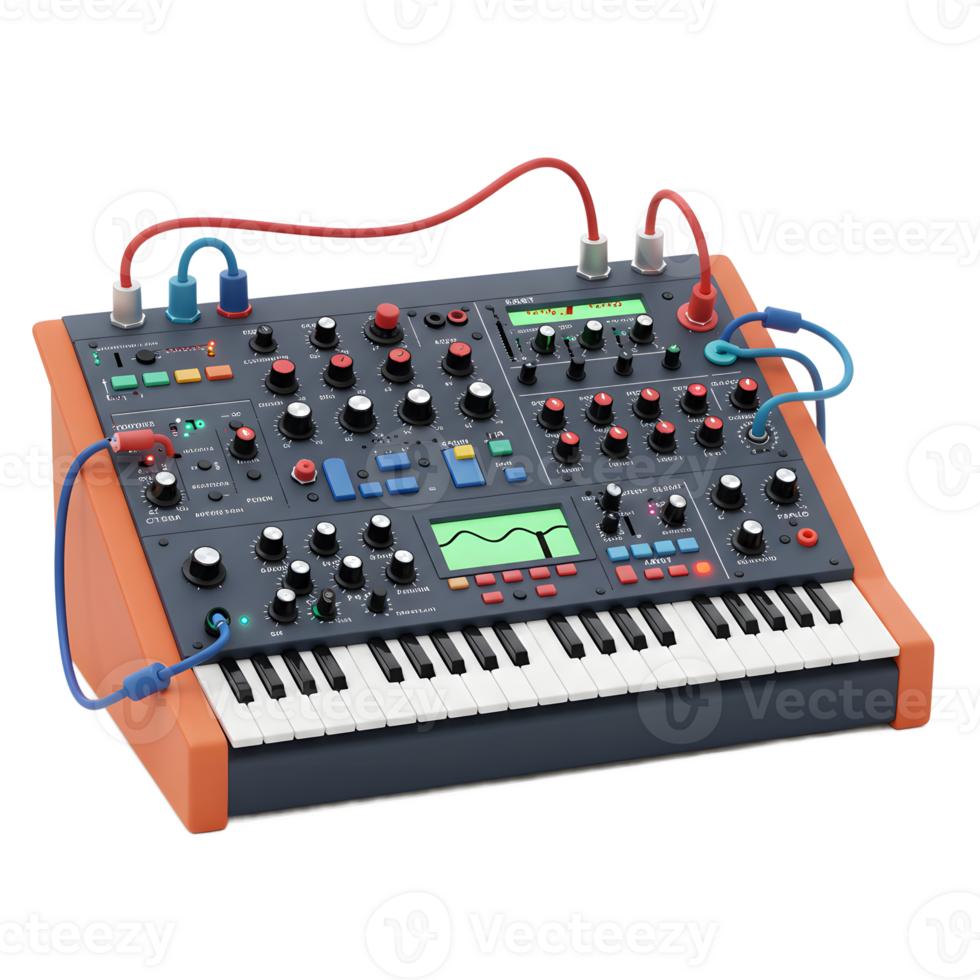 A synthesizer is shown with red and blue cables plugged into different knobs, which is used for creating electronic music. png