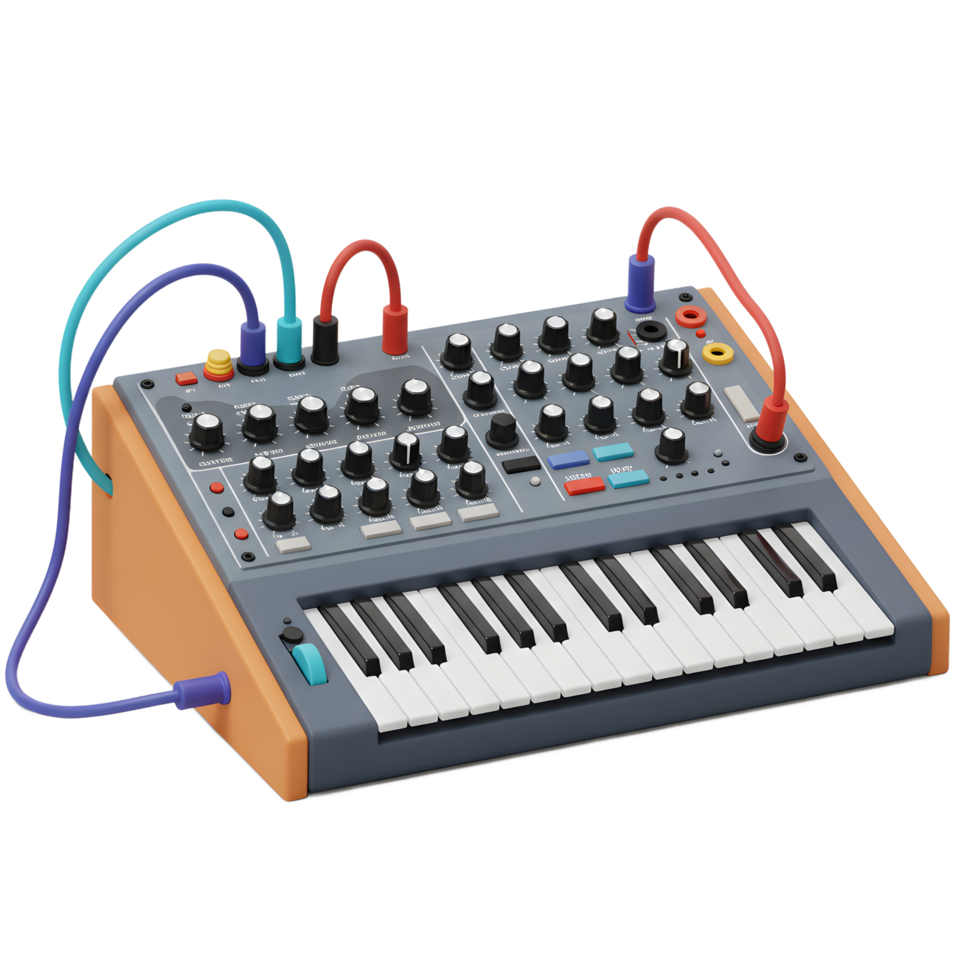 A gray synthesizer with a keyboard and multi-colored cables is shown, ideal for use in electronic music creation. png