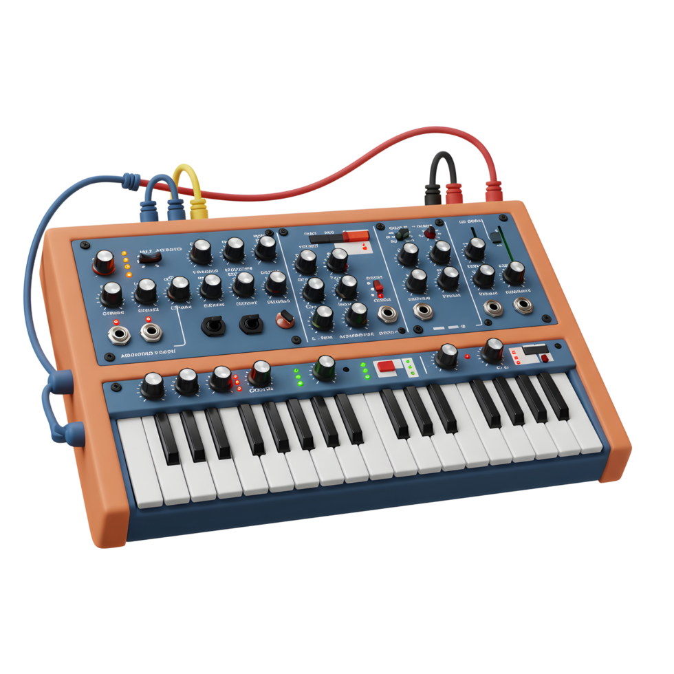 Close-up shot of a synthesizer with different color cables which is used to create unique sounds. png