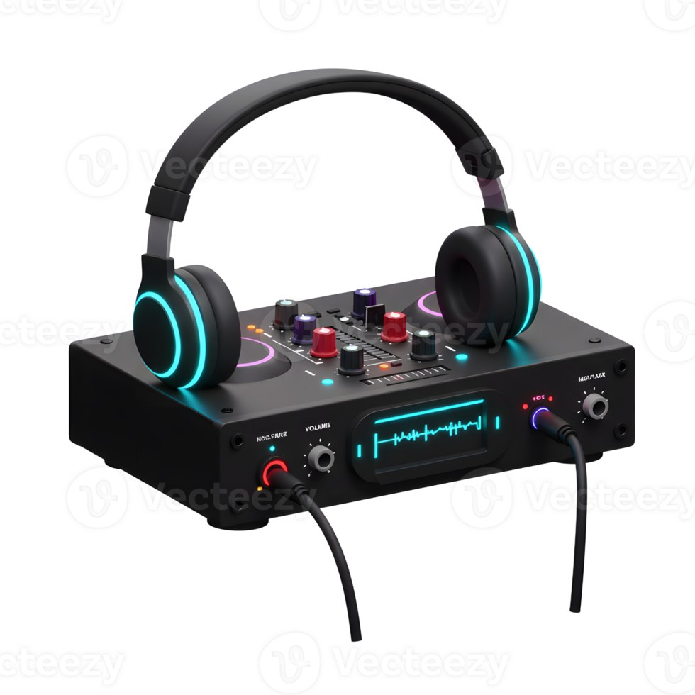 Black headphones rest on top of a black mixing console with various knobs and cables plugged in, showcasing modern audio equipment for music creation. png
