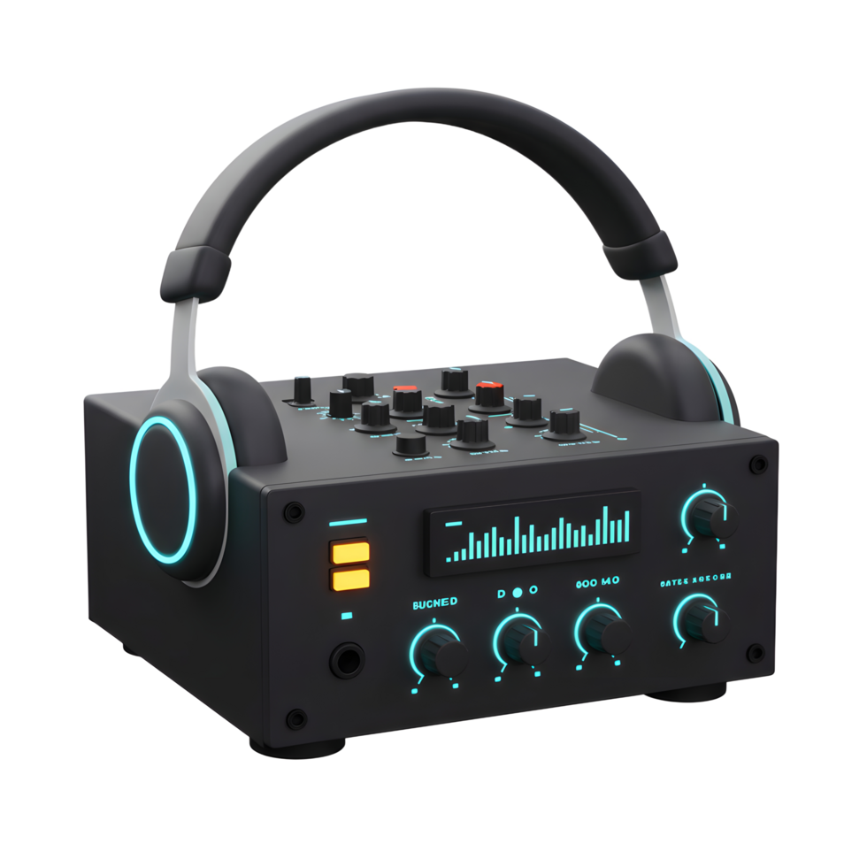 Headphones are placed on a digital mixer with numerous buttons and knobs for audio control and management in music production. png