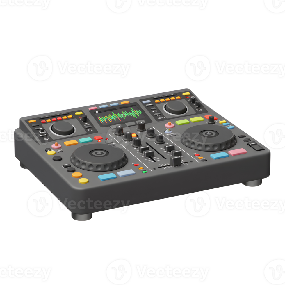 This grey DJ controller features knobs, sliders, buttons, and a screen to assist with creating music. png