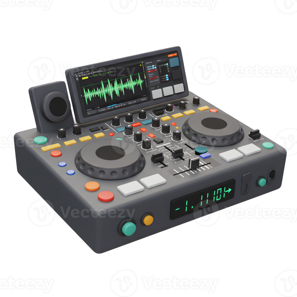 A grey dj controller with multiple buttons and a speaker displays an audio waveform on its screen for music production. png
