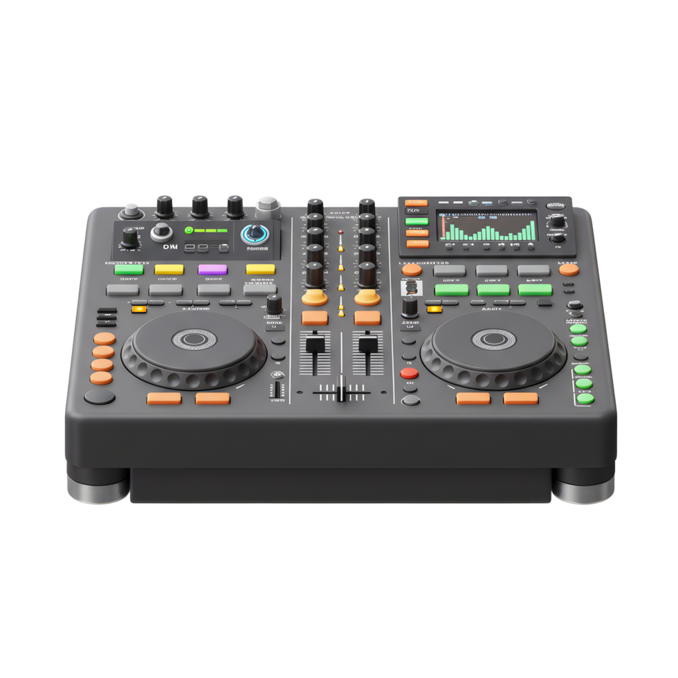 A black DJ mixing controller features knobs, sliders, a display screen showing sound waves, and several buttons, making it a comprehensive audio mixing tool. png