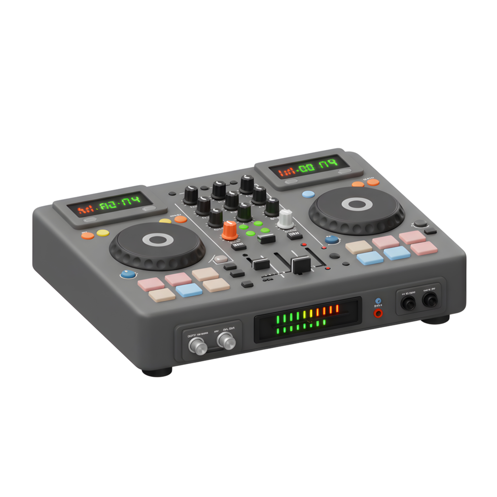 A gray DJ mixer with various buttons, knobs, and controls sits on a white background for mixing music. png